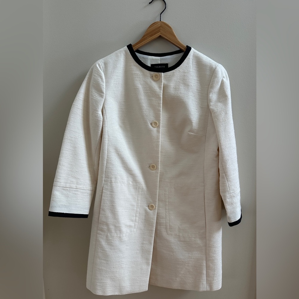 Talbots - Long Coat - Cream with Navy Trim - Size 10